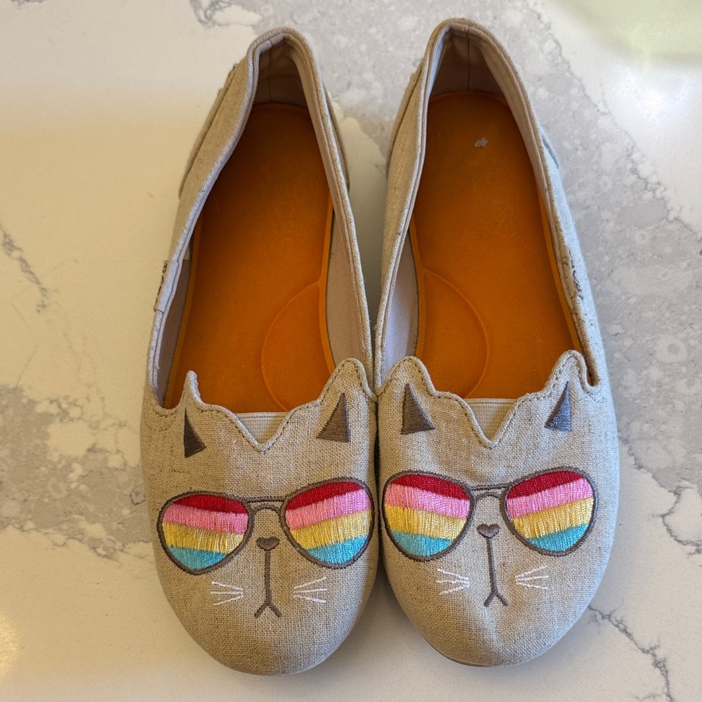 Skechers Beige Cat Slip-On Shoes with Rainbow Sunglasses